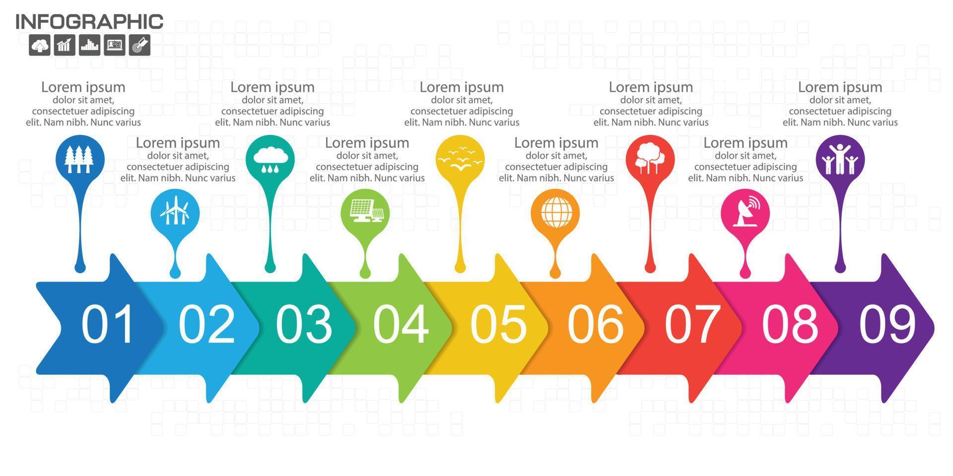 Infographic arrow design template 9 steps with place for your data. Vector illustration.