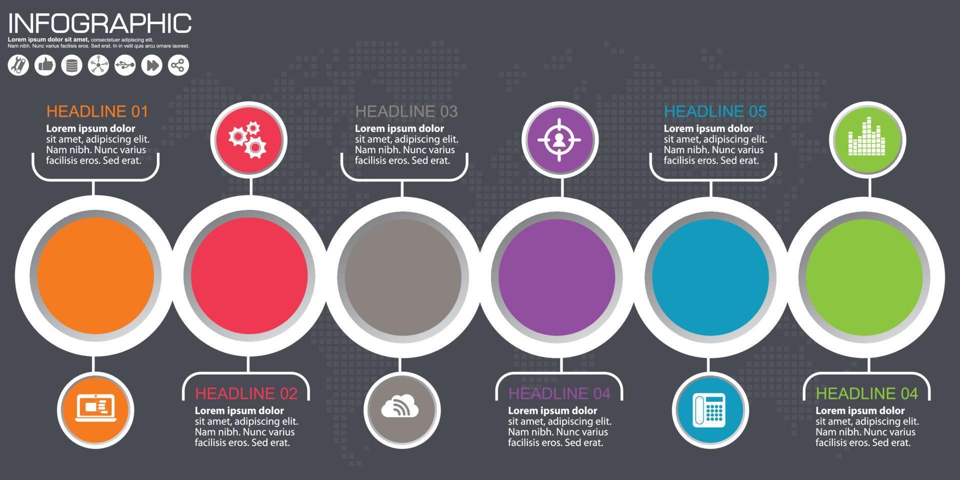 Modern business horizontal timeline process chart infographics template. Vector banner used for presentation and workflow layout diagram, web design. Abstract elements of graph 6 steps options.