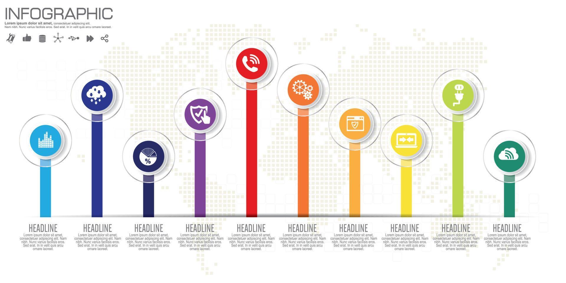 línea de tiempo 10 opciones o pasos infografía vectorial. fondo del mapa del mundo vector