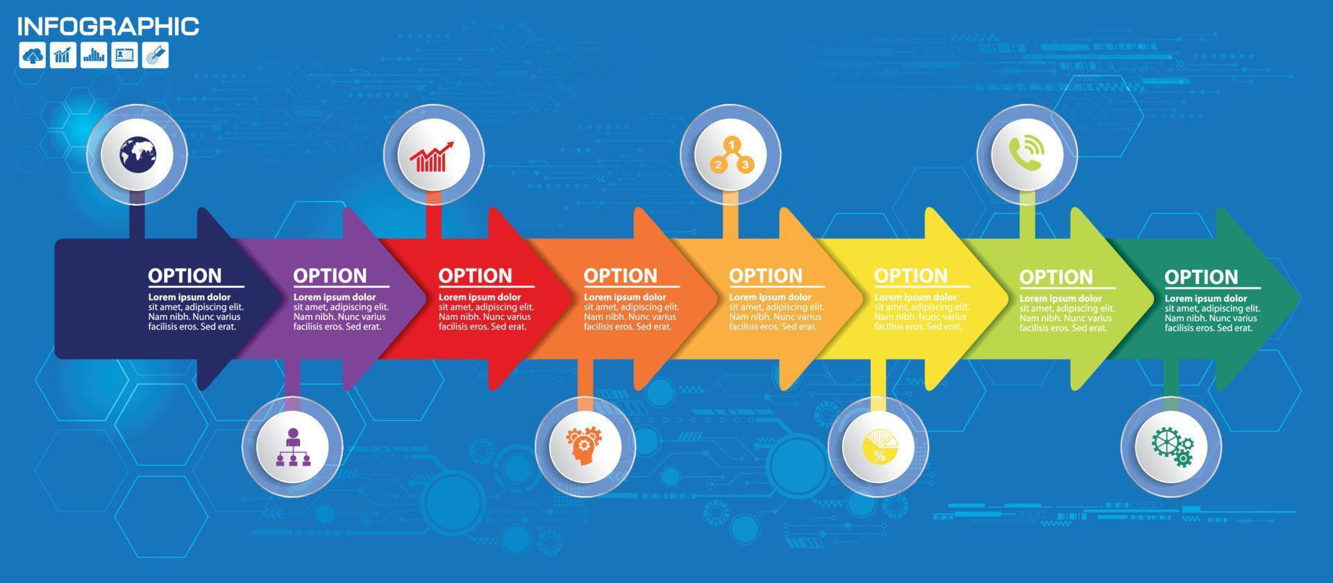 Modern business horizontal timeline process chart infographics template. Vector banner used for presentation and workflow layout diagram, web design. Abstract elements of graph 7 steps options.