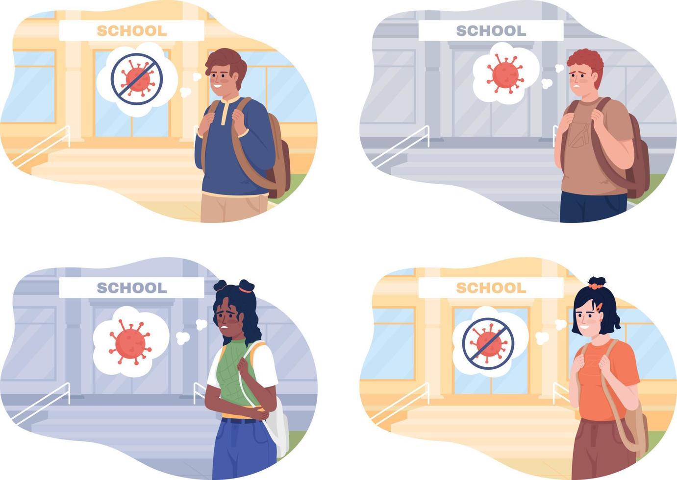 Going back to school after covid 2D vector isolated illustration set