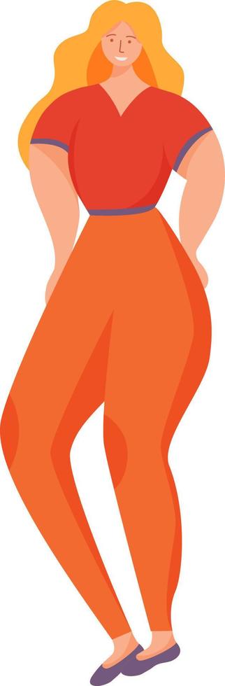 mujer feliz con ropa informal, carácter vectorial de color semiplano. estilo de vida. figura posando. persona de cuerpo completo en blanco. ilustración de estilo de dibujos animados simple de positividad para diseño gráfico web y animación vector