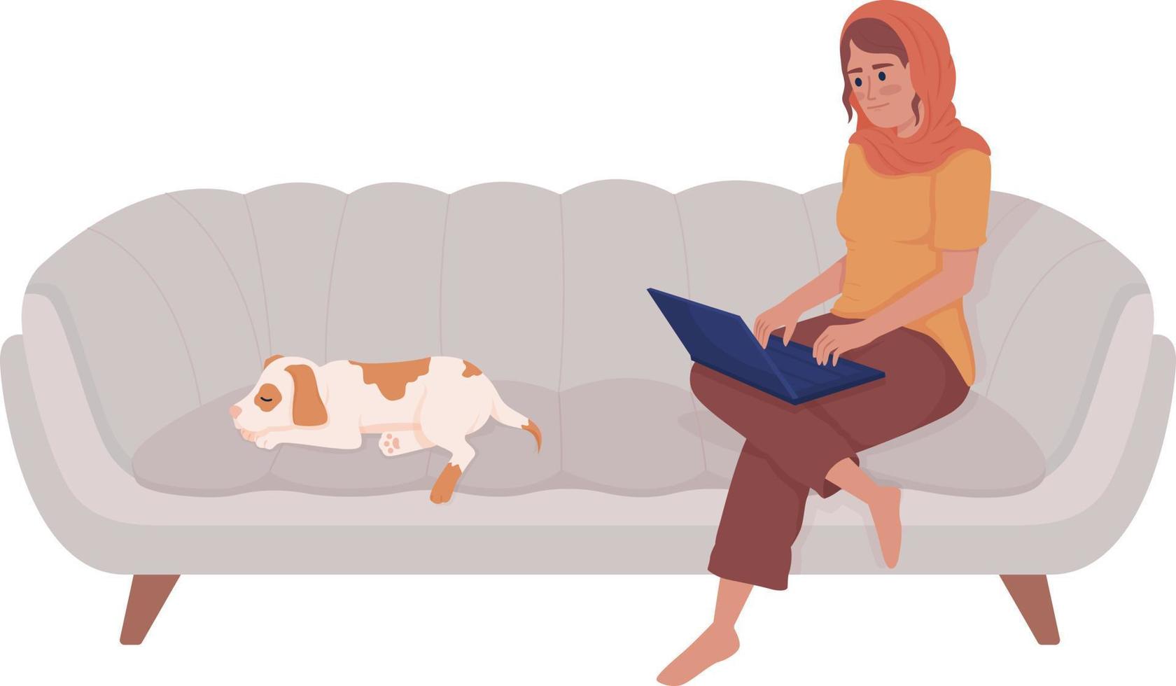 Woman working at home semi flat color vector character. Editable figure. Full body person on white. Lady with dog on couch simple cartoon style illustration for web graphic design and animation