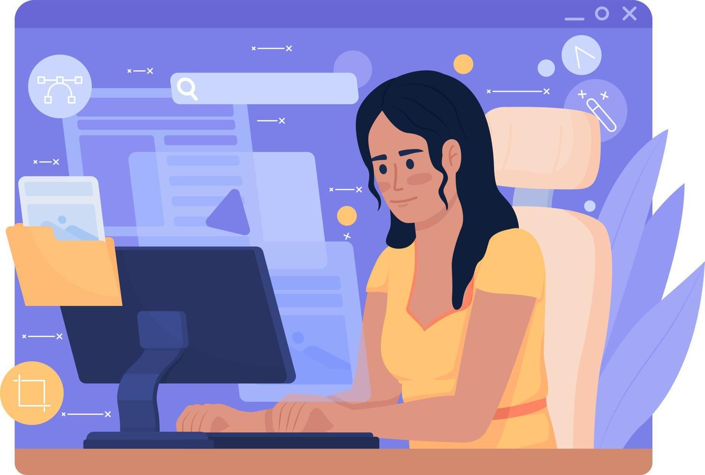 Web artist portfolio 2D vector isolated illustration. Remote work searching flat character on cartoon background. Colourful editable scene for mobile, website, presentation