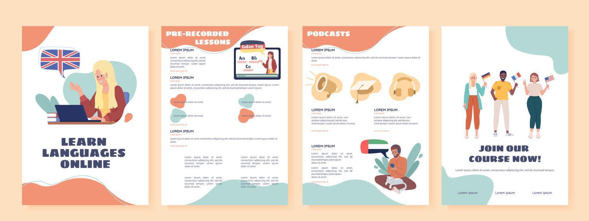 Learn languages online flat vector brochure template. Booklet, leaflet printable flat color design. Editable magazine page, reports kit with text space