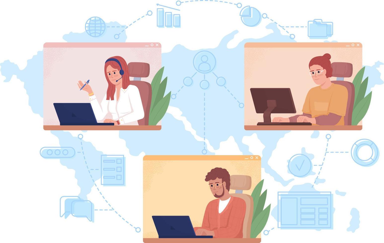 Colleagues cooperation 2D vector isolated illustration. Video call. Remote workers collaboration flat characters on cartoon background. Colourful editable scene for mobile, website, presentation