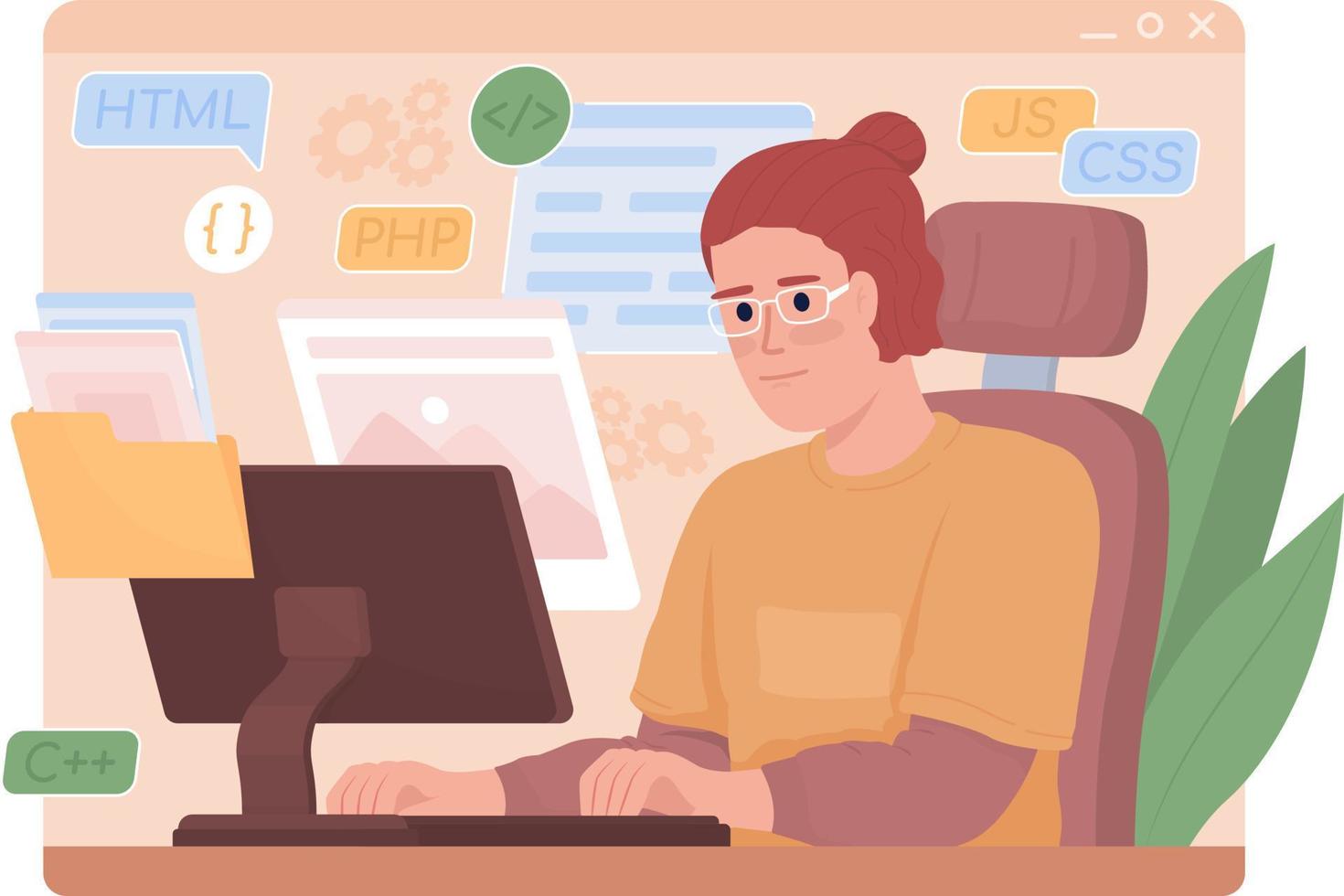 Web designer makes portfolio 2D vector isolated illustration. Remote work flat character on cartoon background. Colourful editable scene for mobile, website, presentation