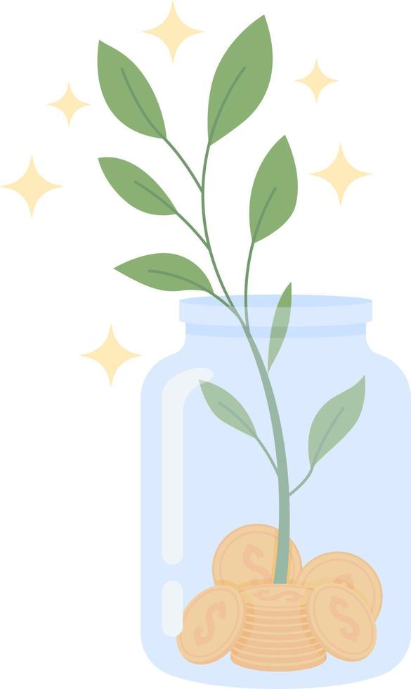 Glass jar with coins and sapling semi flat color vector object. Full sized item on white. Financial growth. Investment simple cartoon style illustration for web graphic design and animation