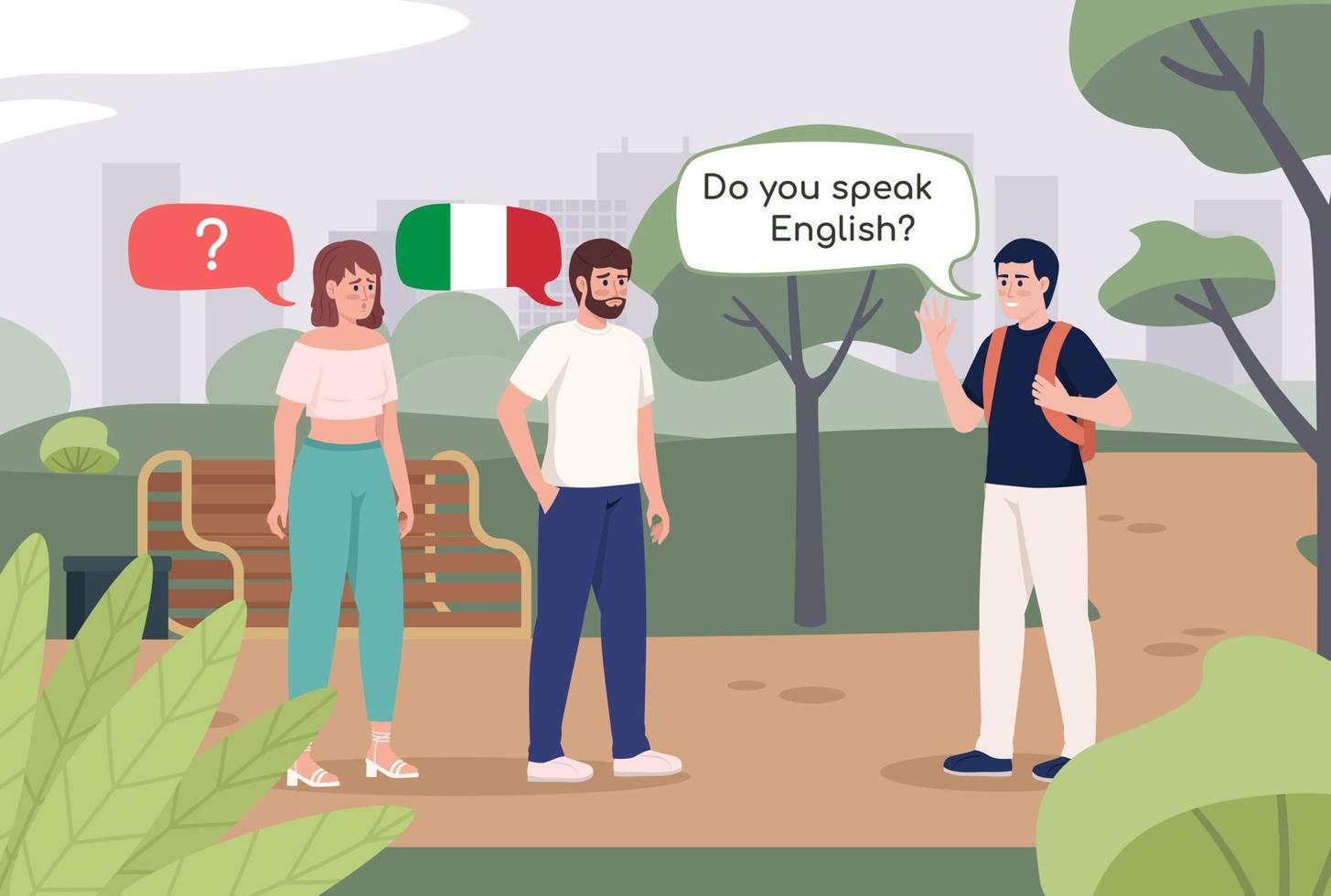 viajar sin hablar ilustración de vector de color plano italiano. turista de habla inglesa. personajes de dibujos animados simples 2d totalmente editables con paisaje urbano en el fondo