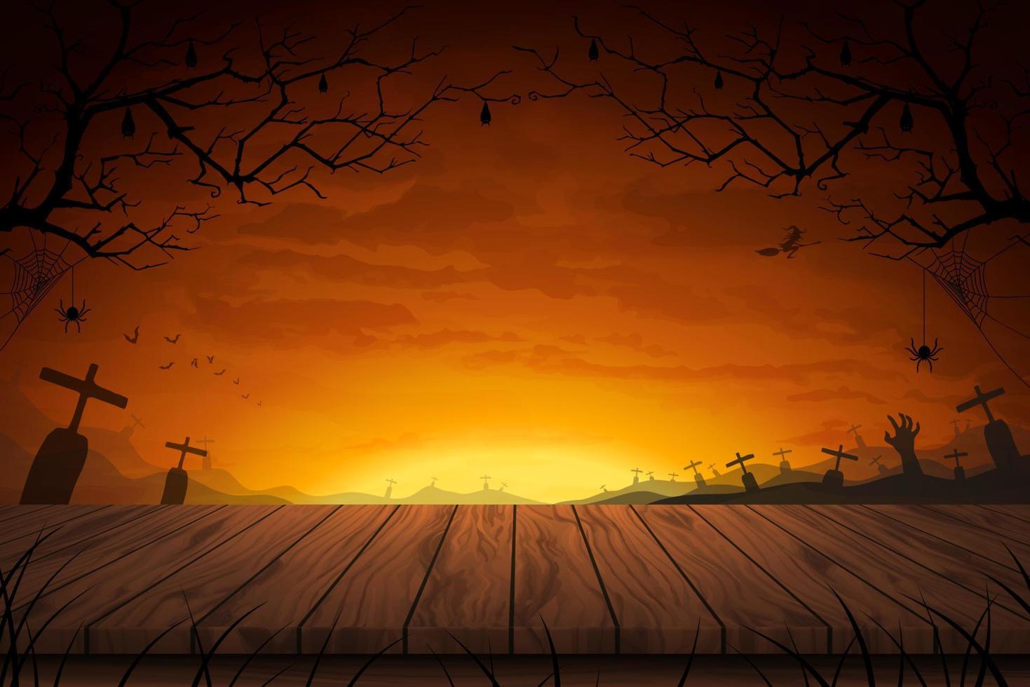 piso de mesa de madera de ilustración vectorial con tumba de campo amplio en luna llena un fondo nocturno aterrador para halloween vector