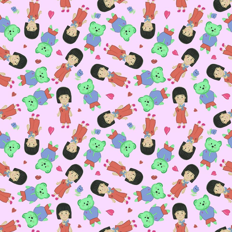 child girl and bear cute cartoon seamless pattern. vector