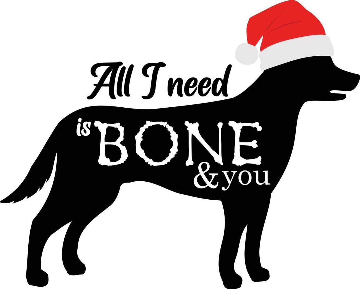 Todo lo que necesito es hueso y tú. lindo perro con sombrero de navidad sobre fondo blanco. vector