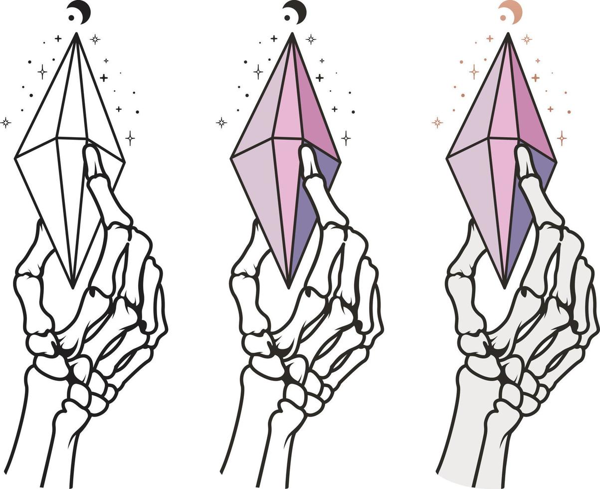 mano de esqueleto sosteniendo cristal mágico vector