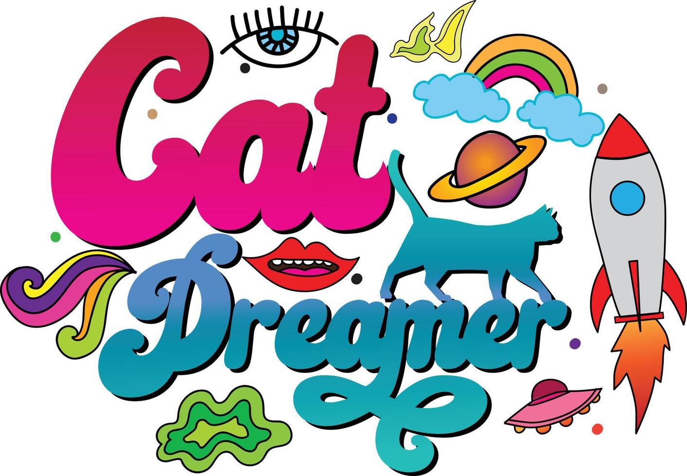 soñador de gatos: un gato divertido y colorido con sueños caminando en el cielo. vector