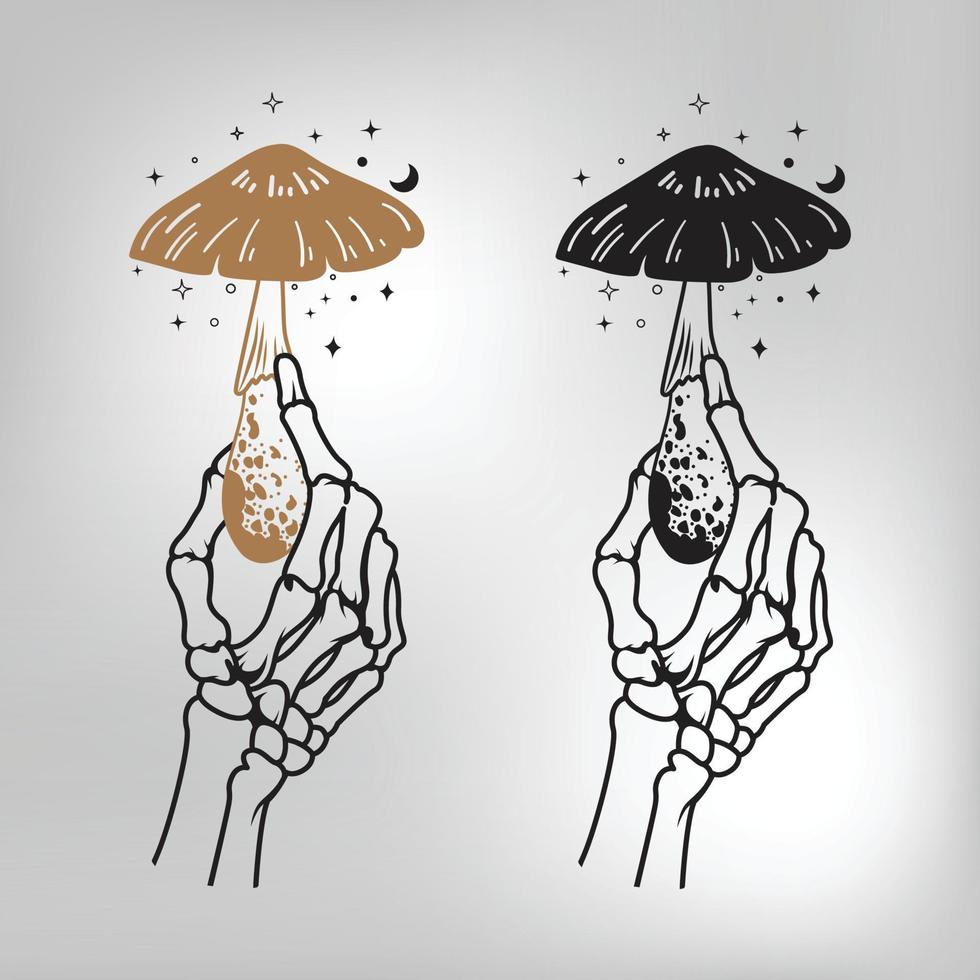 Skeleton hand holding magic mushroom vector