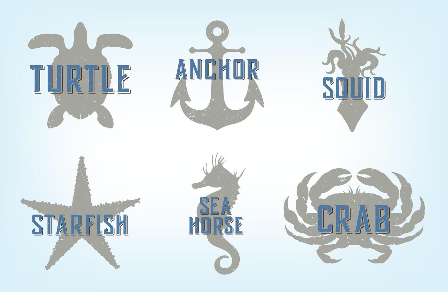 Sea animals set. Retro style on a blue background vector