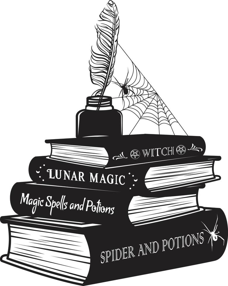 The old spell book for witches. Ink bottle and feather on top of spell books. vector