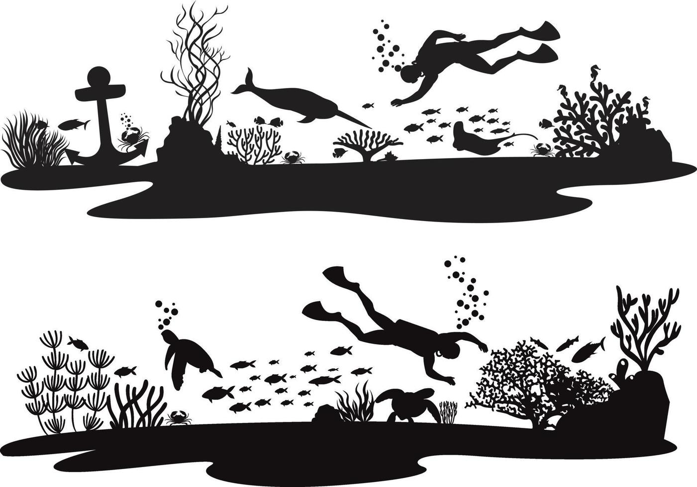 Silhouette underwater scene, Anchor seaweed, and sea animal. Underwater world. vector