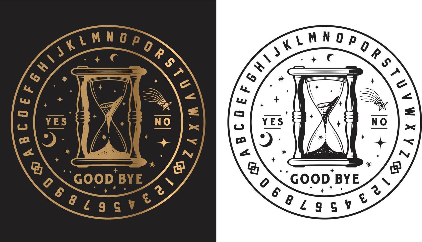 tablero de ouija de reloj de arena rodeado por alfabeto y estrella sobre fondo blanco y negro vector