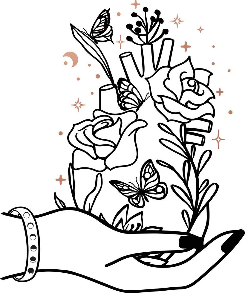 Hand holding Floral Heart Anatomy surrounded by stars on white background vector