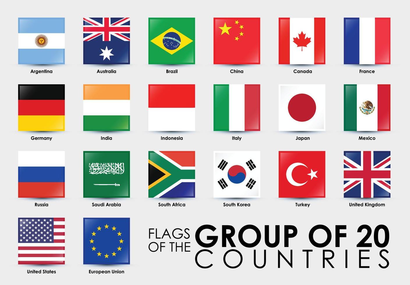 Flags of the G20 Countries Vector illustration. Square shaped flags