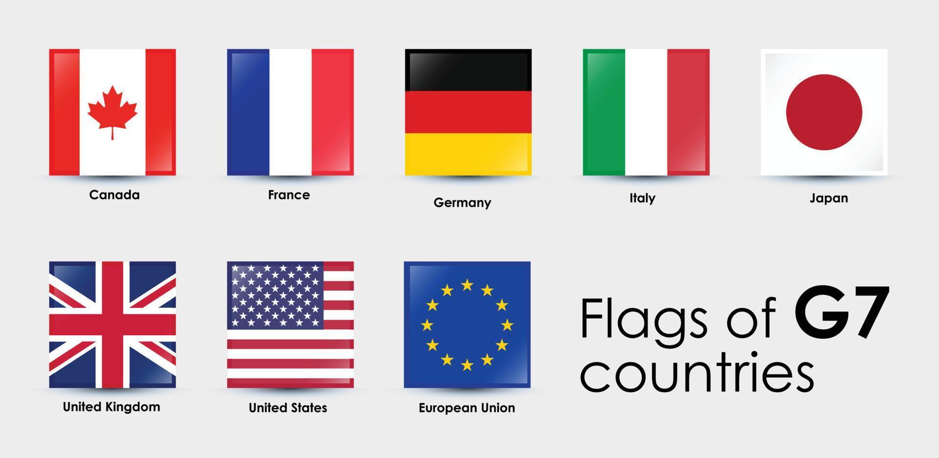 G7 summit flags Isolated icons. Group of Seven vector flags symbol. Set of square flags design