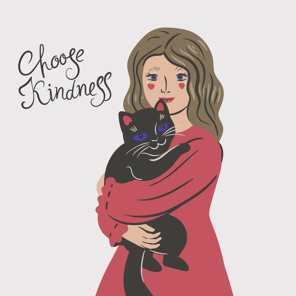 Cute girl with a kitten in her arms. Vector graphics.