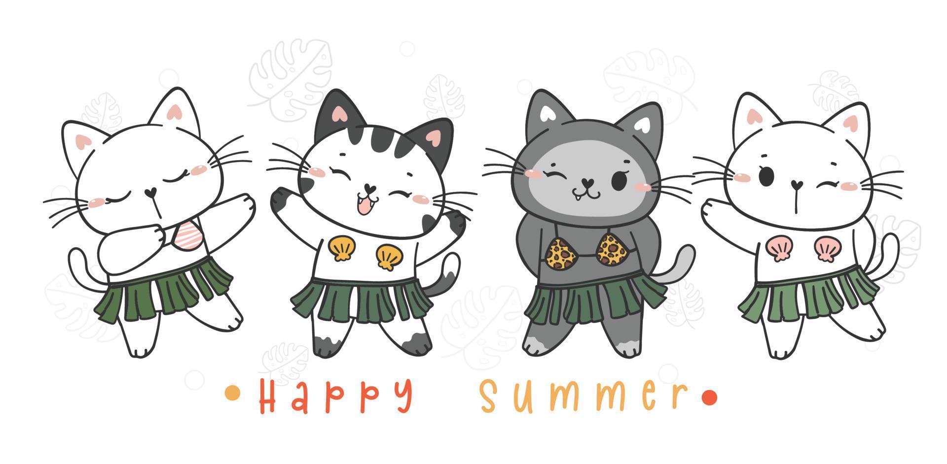 grupo de cuatro lindo divertido verano tropical gatito gato baile en hawaii falda dibujos animados garabato mascota animal dibujado a mano vector banner