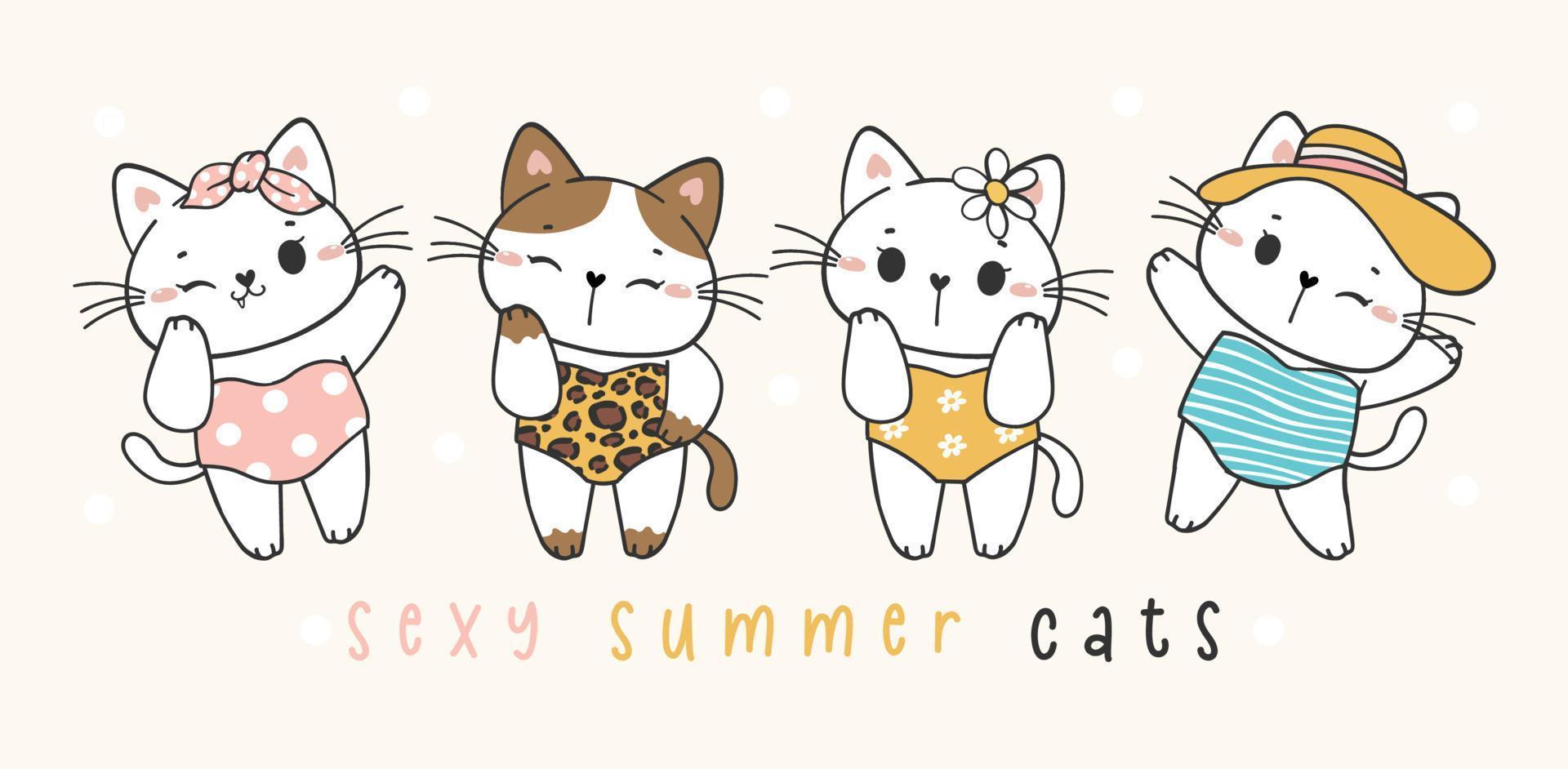 grupo de cuatro lindo gatito de verano divertido gato en colorido traje de baño de una pieza dibujos animados garabato mascota animal dibujado a mano vector banner