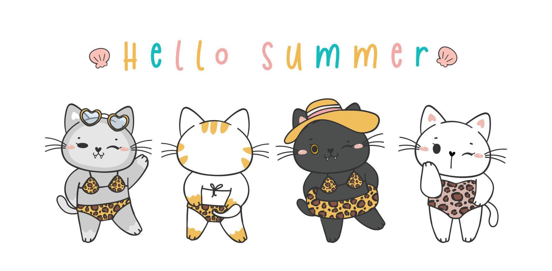 grupo de lindo gatito de verano divertido gato en bikini de leopardo dibujos animados garabato mascota animal vector dibujado a mano