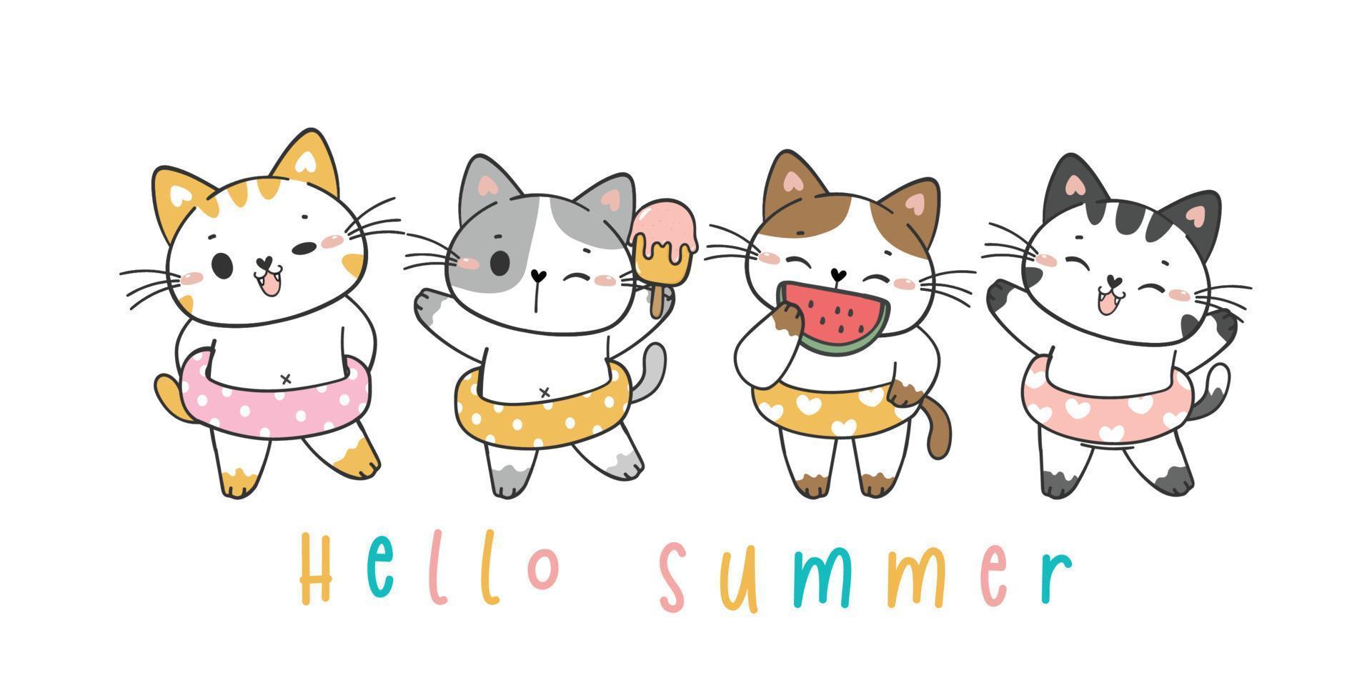 group of cute funny summer kitten cats in swim ring pool float party, cartoon doodle pet animal hand drawn vector
