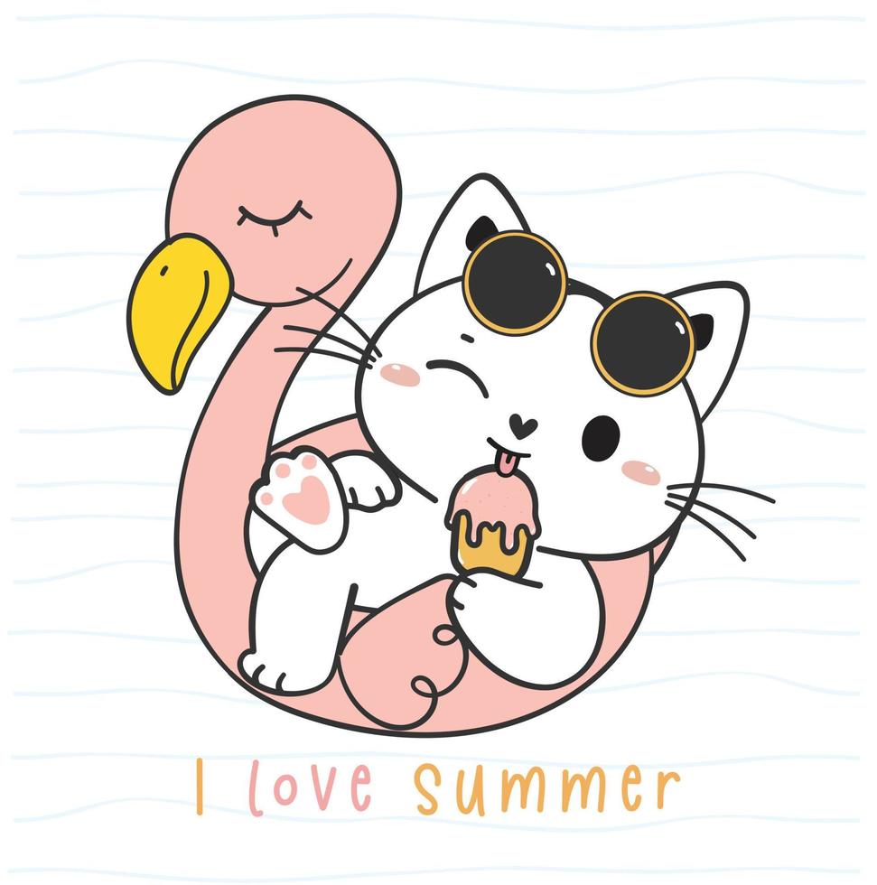 cute funny kitten cat in flamingo swim ring having popsicle