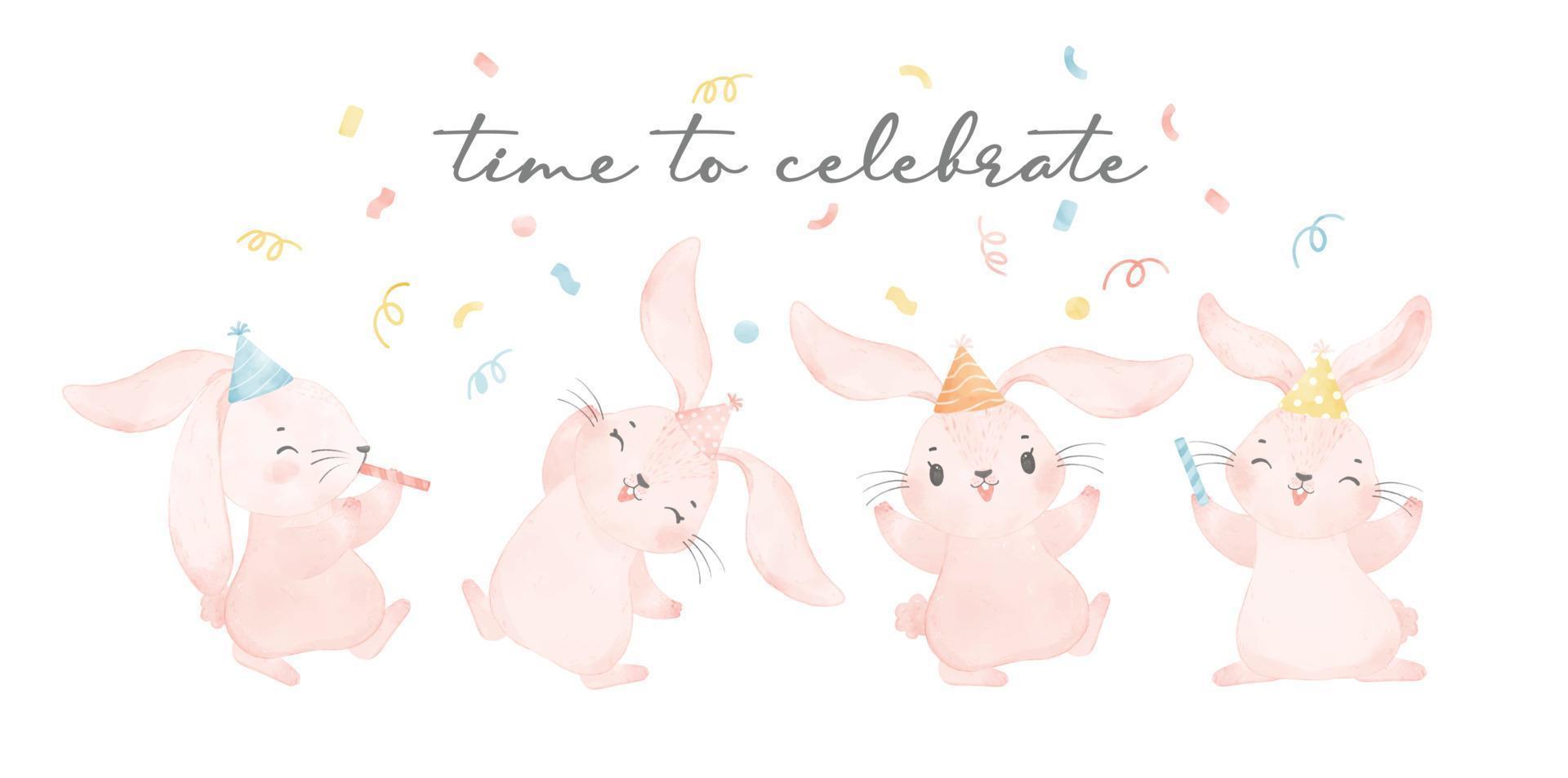 group of four cute pink bunnies celebrating in party, let's celebrate, watercolor nursery animal hand draw illustration isolated on white background vector