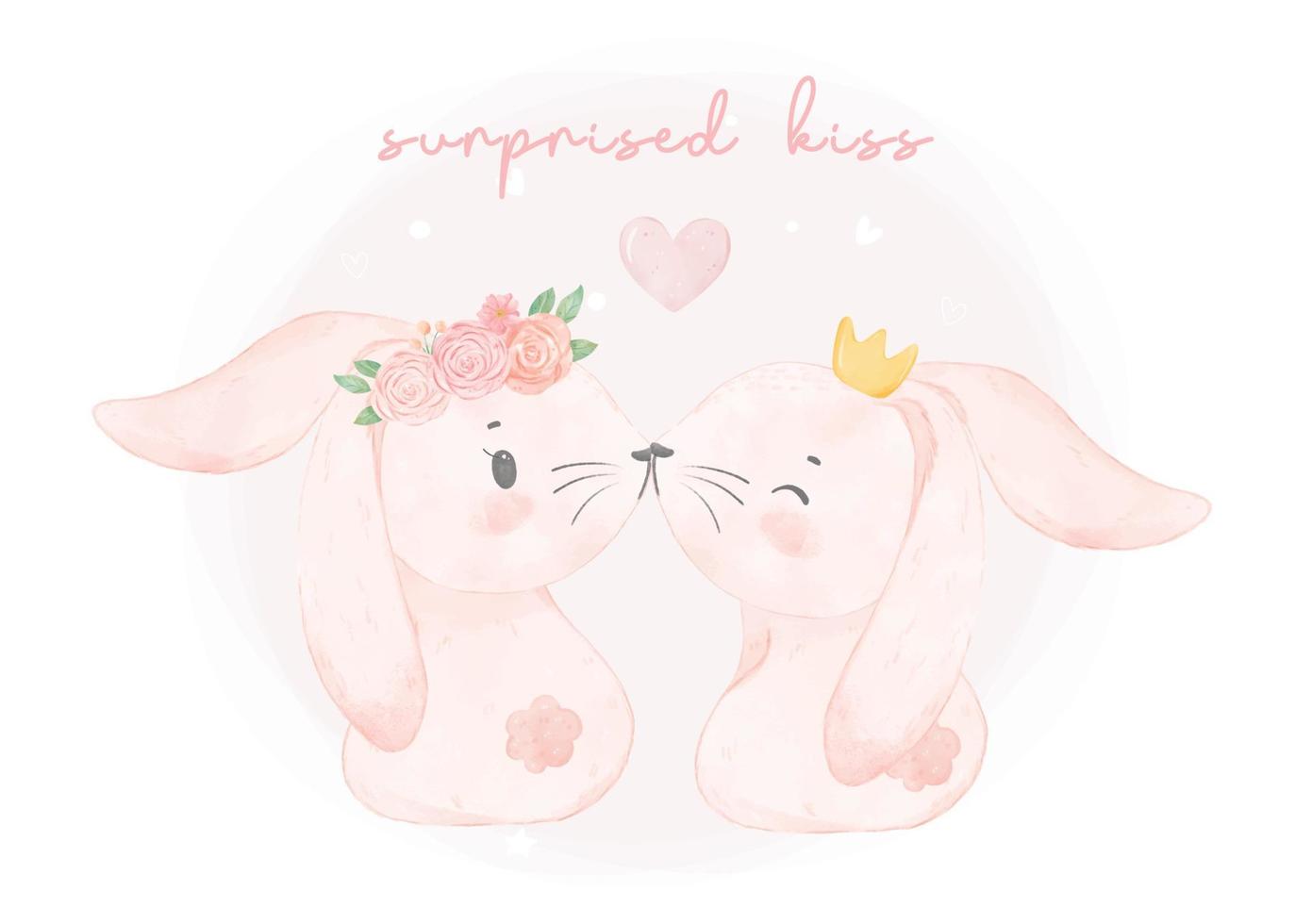 adorable couple pink bunny rabbit boy and girl kissing watercolor, cute animal woodland illustration drawing vector