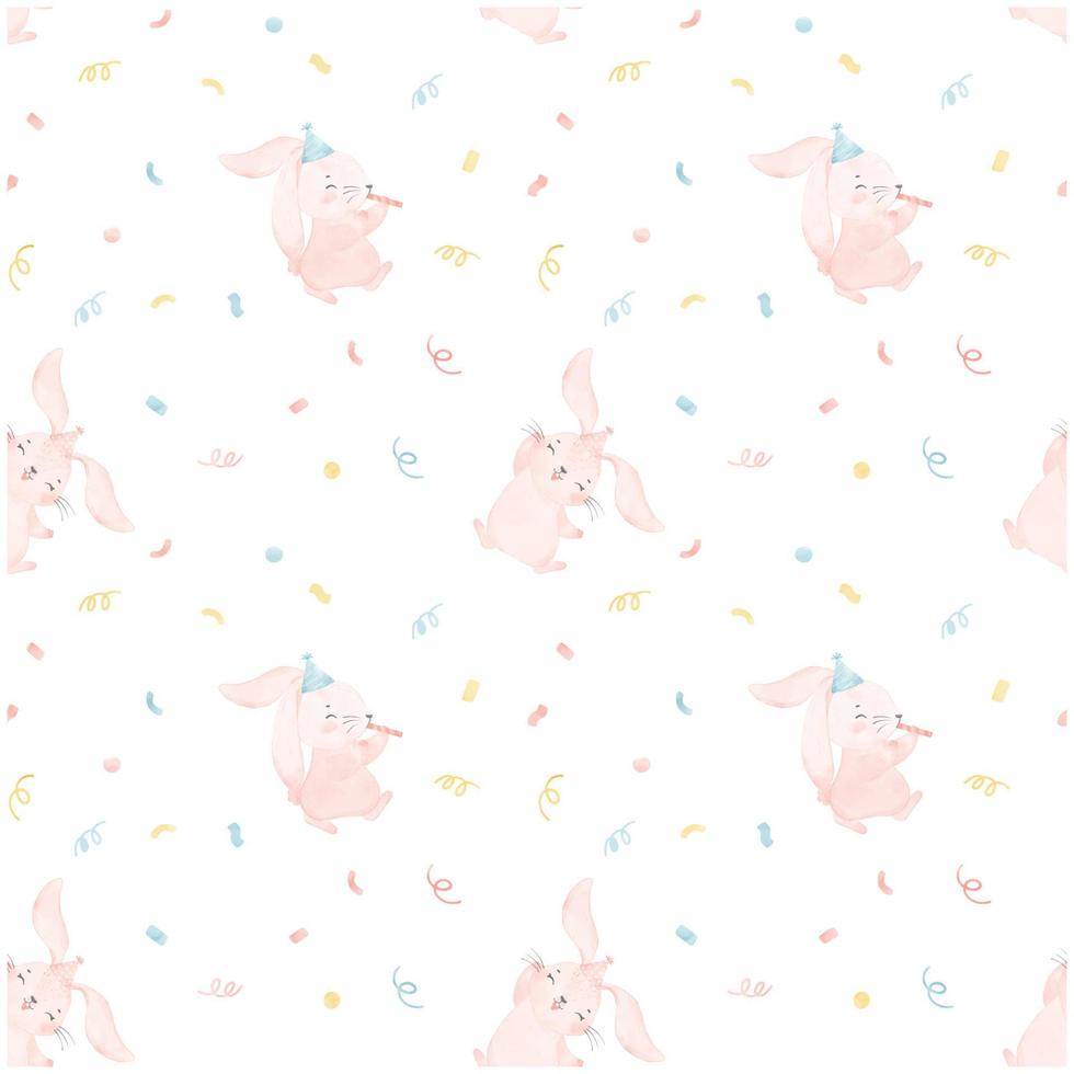 pattern seamless background baby cute pink bunnies celebrating in party watercolor nursery animal hand draw illustration isolated on white background vector