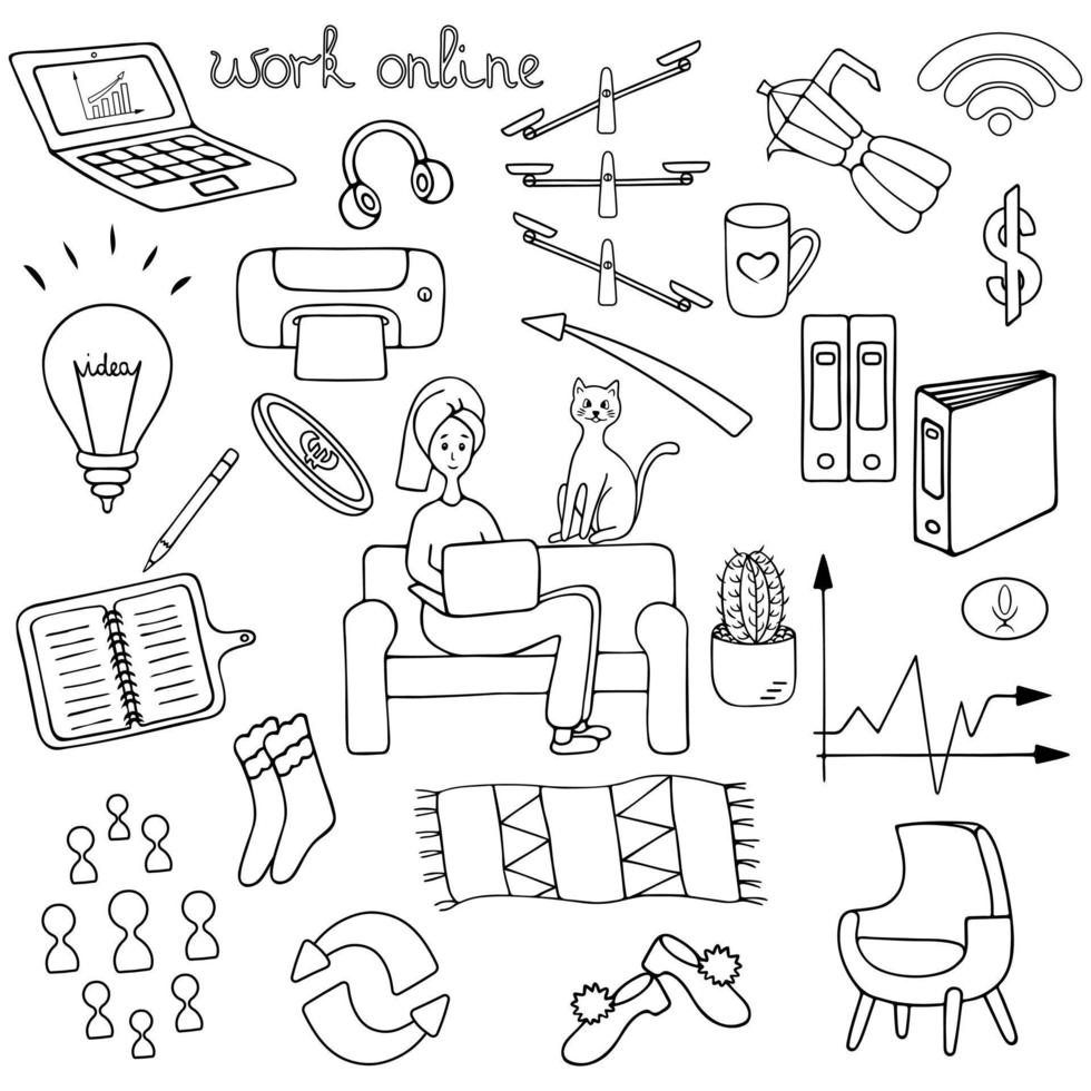 Work online. Home Office. Set of vector elements. Outline on an isolated white background. Doodle style. Sketch. Coloring book.  Business collection.