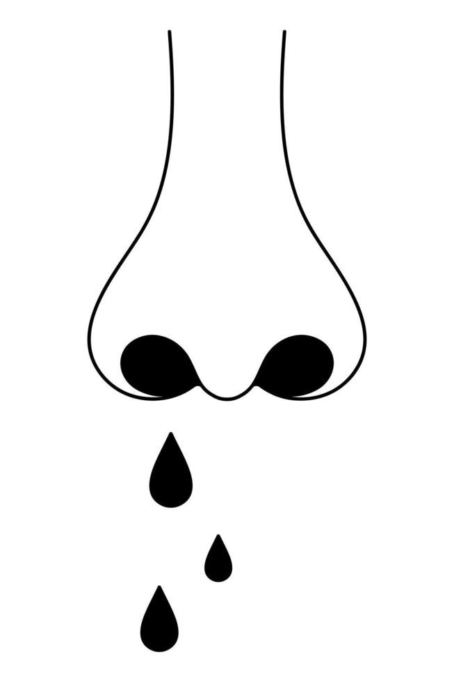 Human nose. Front view. The patient has a runny nose. Dripping drops silhouette. Vector illustration. Outline on isolated background. The man has rhinitis, he caught a cold. Medical theme. I