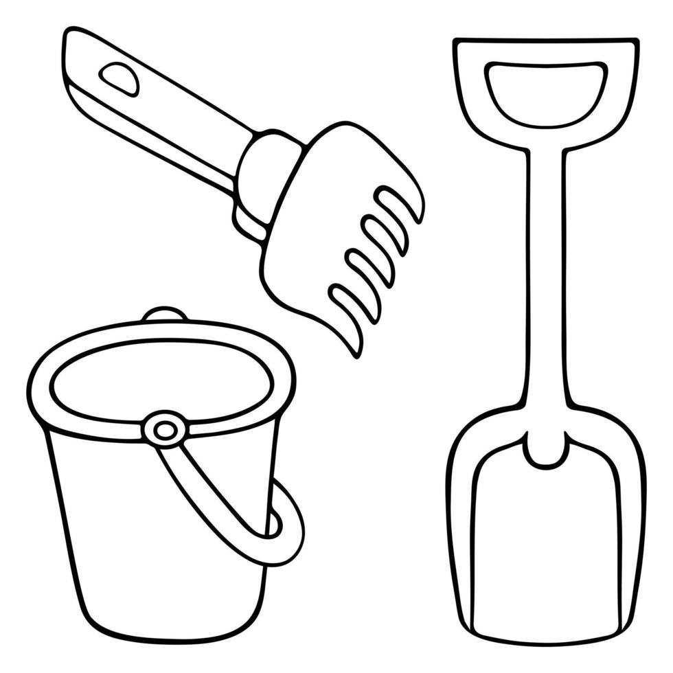 Shovel, rake, bucket. A collection of children toys for beach games. Set of vector illustrations. Outline on an isolated white background. Doodle style. Sketch.  Plastic tool.