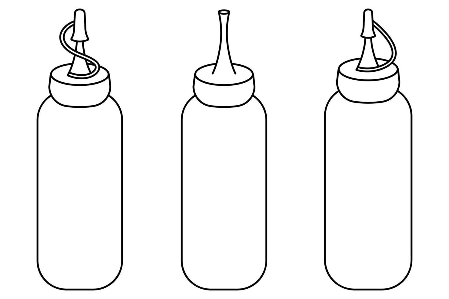 Bottles with ketchup, mustard and mayonnaise. A set of barbecue sauces. Sketch. Vector illustration. Coloring book for children. Doodle style. Outline on isolated background. Organic product.