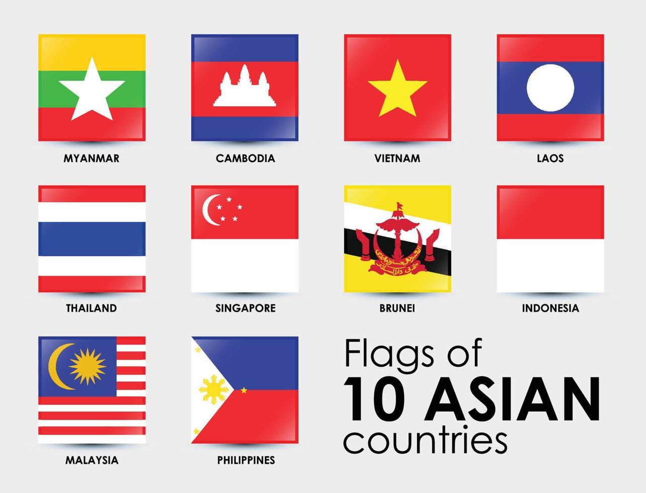 10 Countries of Asian Vector illustration. Square shape flags