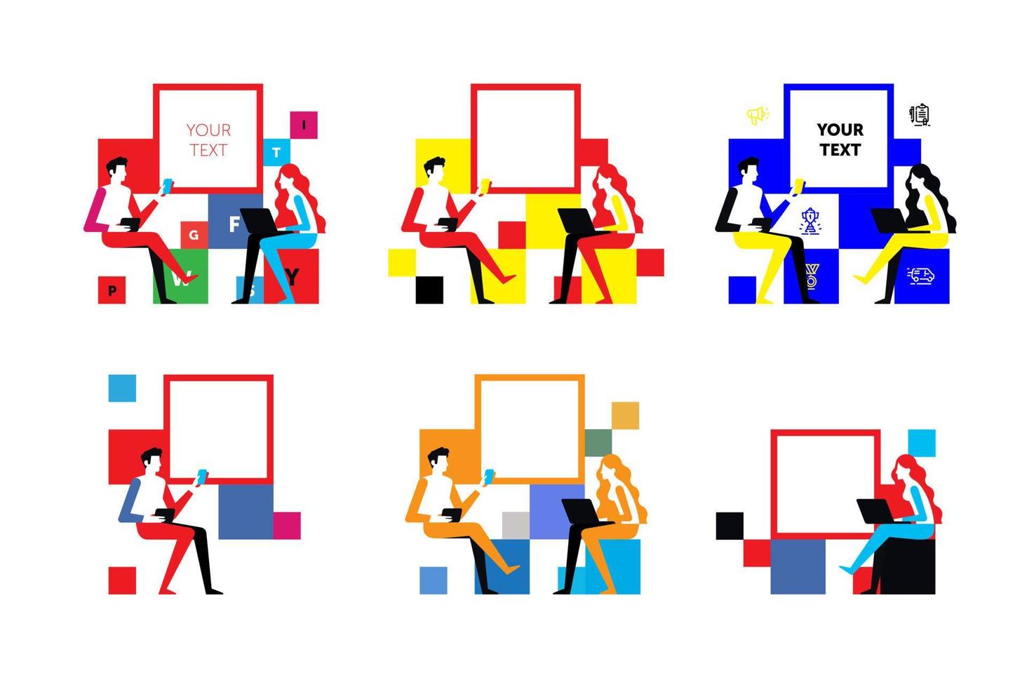 Illustrations of business people. Vector. Business communication, design layout for poster or flyer. Trainings, meetings of successful people. vector