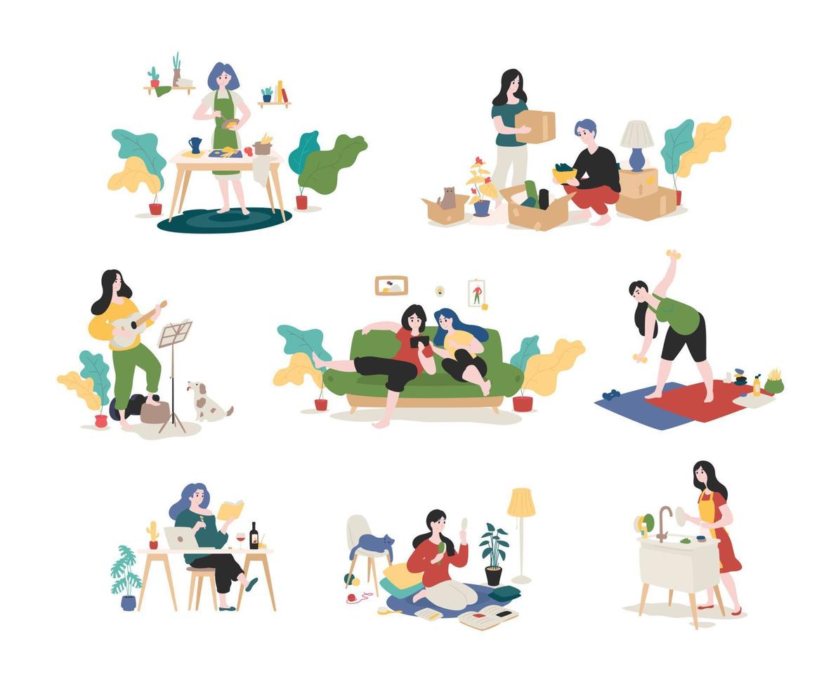 A collection of young men and women spends the weekend at home - gathering things, playing the guitar, surfing the Internet, doing the dishes, preparing. Color illustrations in flat cartoon style. vector