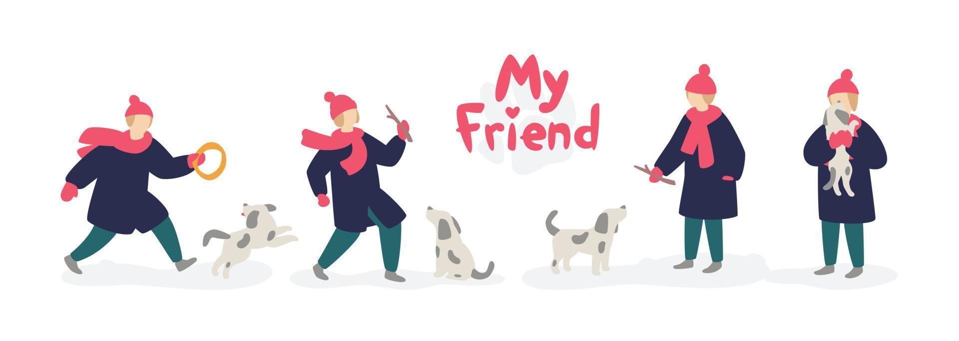 Illustration of a girl playing with a dog. Vector. Girl teenager in a coat and hat, with a homeless gray dog. Flat cartoon style. My friend's logo. Illustrations for the shelter of homeless animals. vector