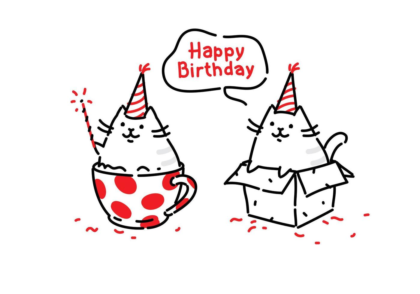 gatos graciosos de dibujos animados. kitty desea feliz cumpleaños sentado en una caja y en una taza. vector. ilustraciones aisladas sobre fondo blanco. caracteres para el sitio y tarjetas de impresión. presente. dos coños vector