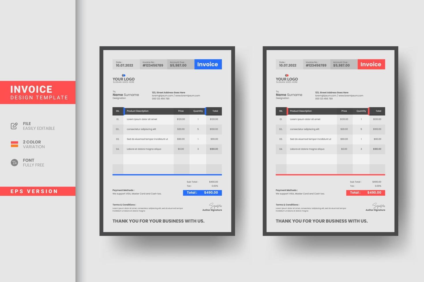 Flat business creative minimal invoice design vector