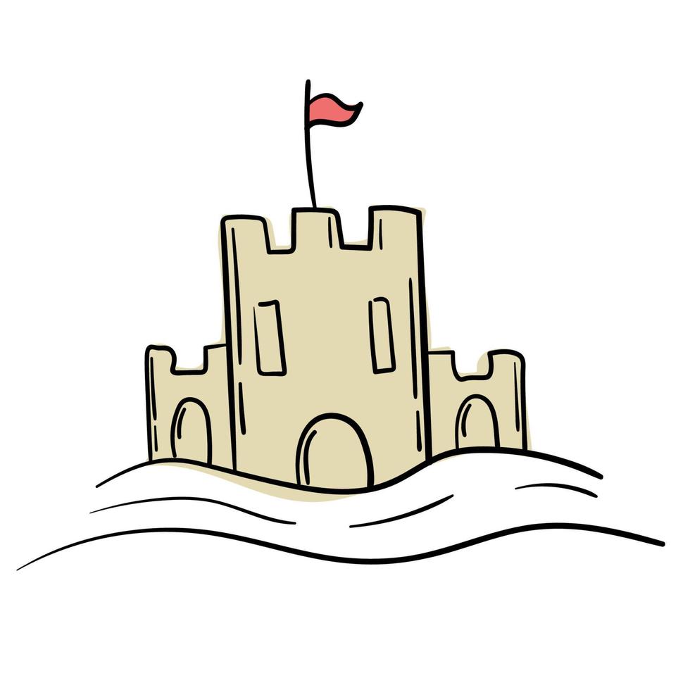 Doodle sticker sand castle on the beach vector
