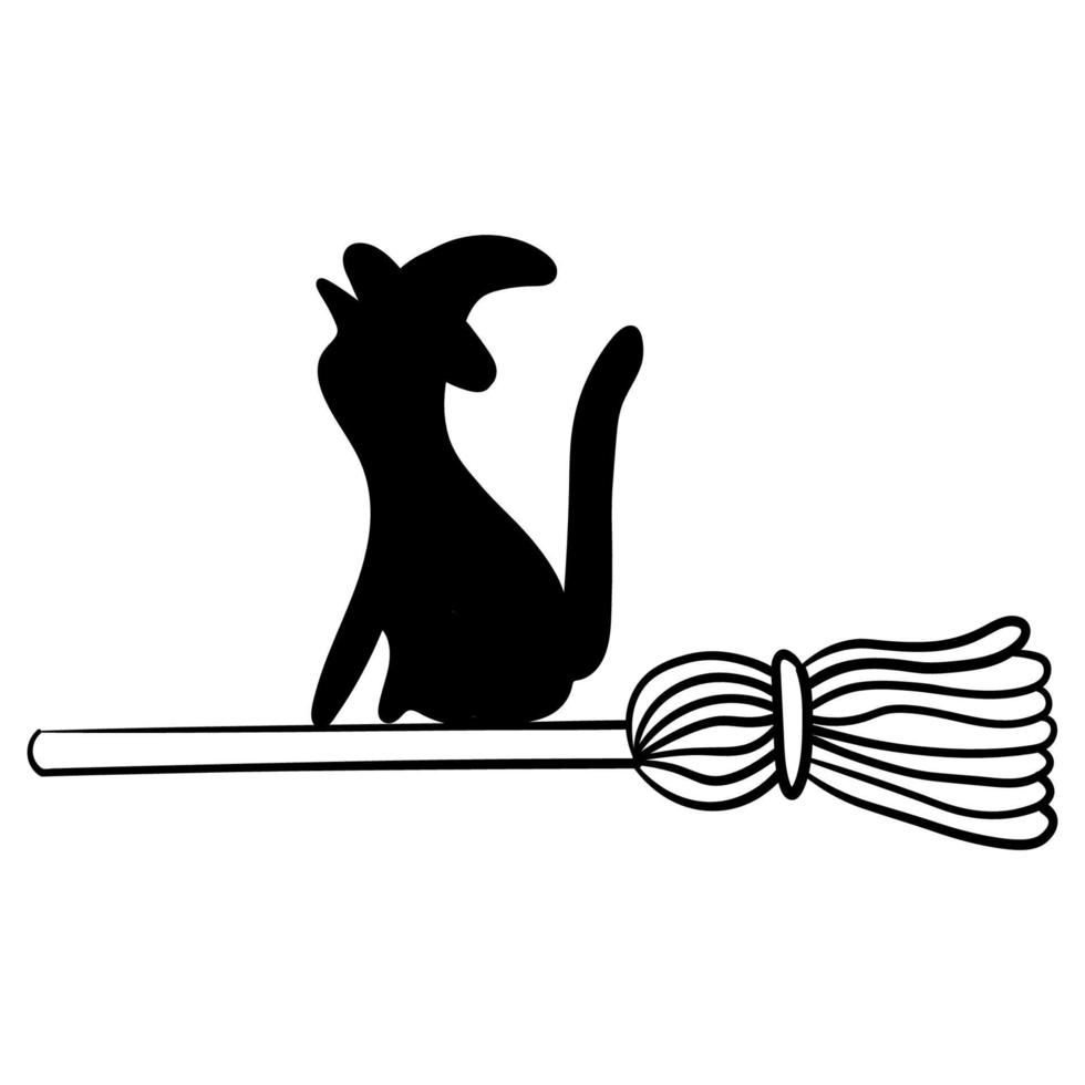 Doodle sticker silhouette of a magical cat flying on a broomstick vector