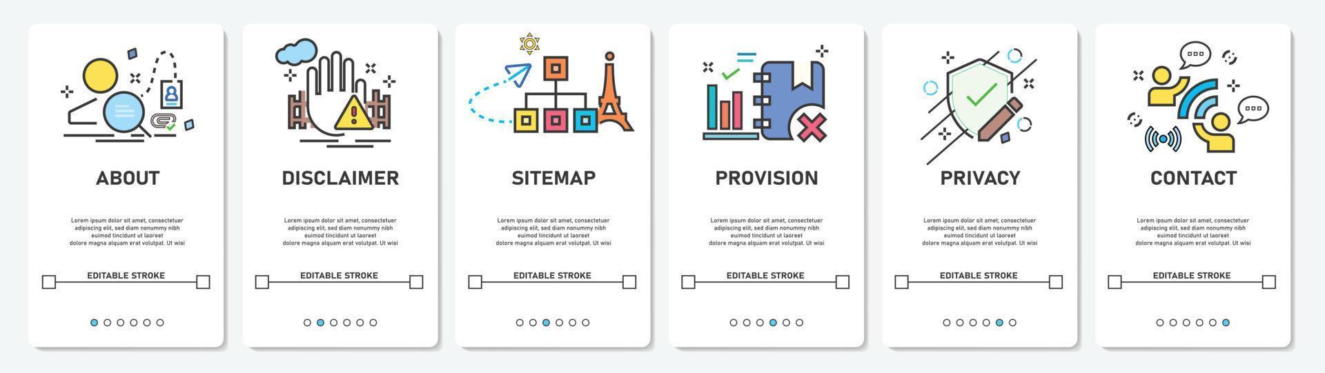 Development website menu about, disclaimer, privacy, provision, contact, sitemap mobile app screens simple vektor flat design Illustration vector