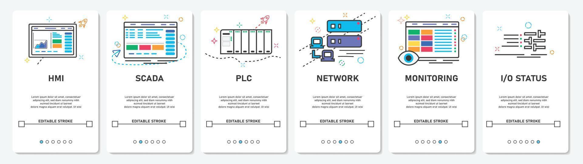 Development Digital Menu HMI, SCADA, PLC, network, monitoring, status, website, mobile app screens simple vektor flat design Illustration vector