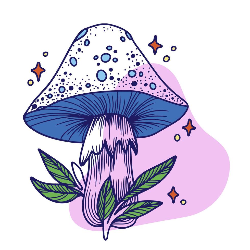 Fairy mushroom, mushroom with plants and starry background, graphics, doodle vector